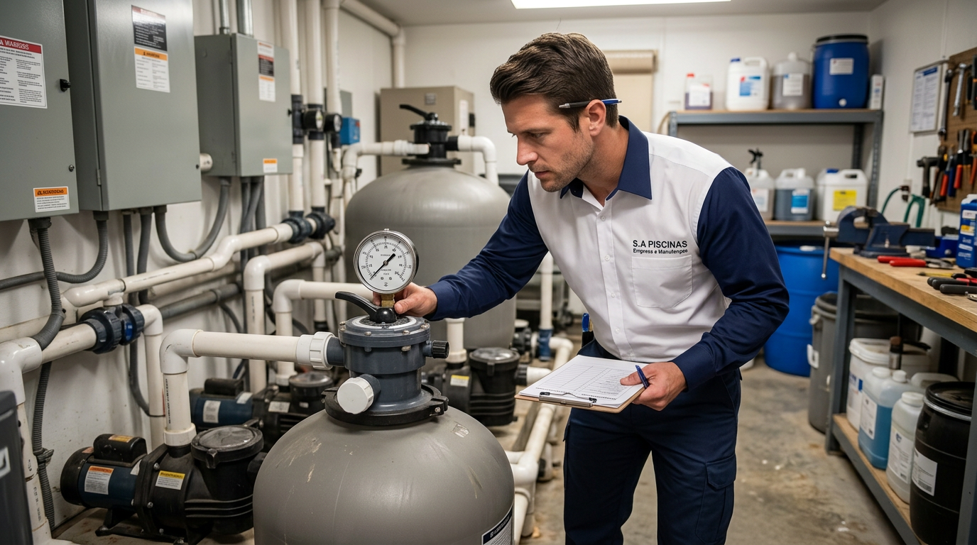 Técnico da S.A Piscinas realizando robô & automação em Sorocaba